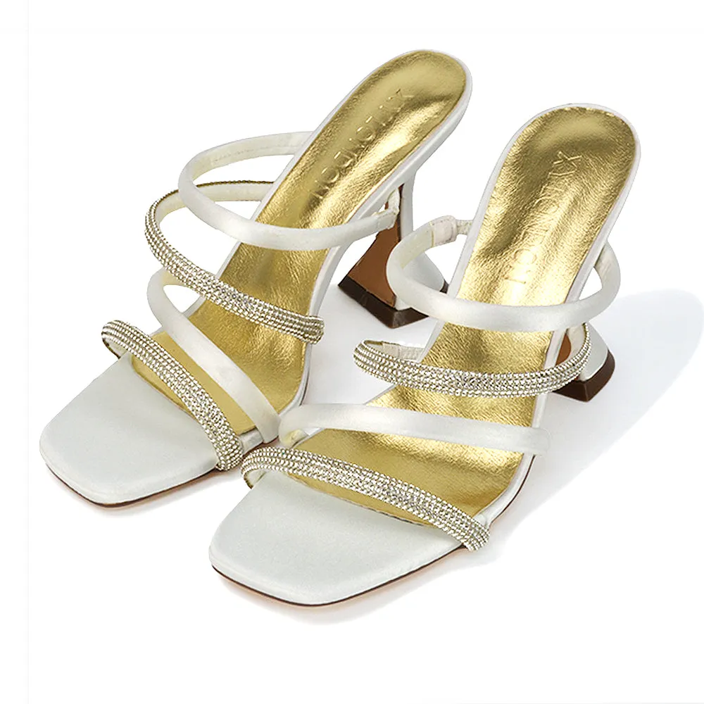 Posie Diamante Strappy Square Toe Sculptured High Heel Wedding Sandals in Rose Gold