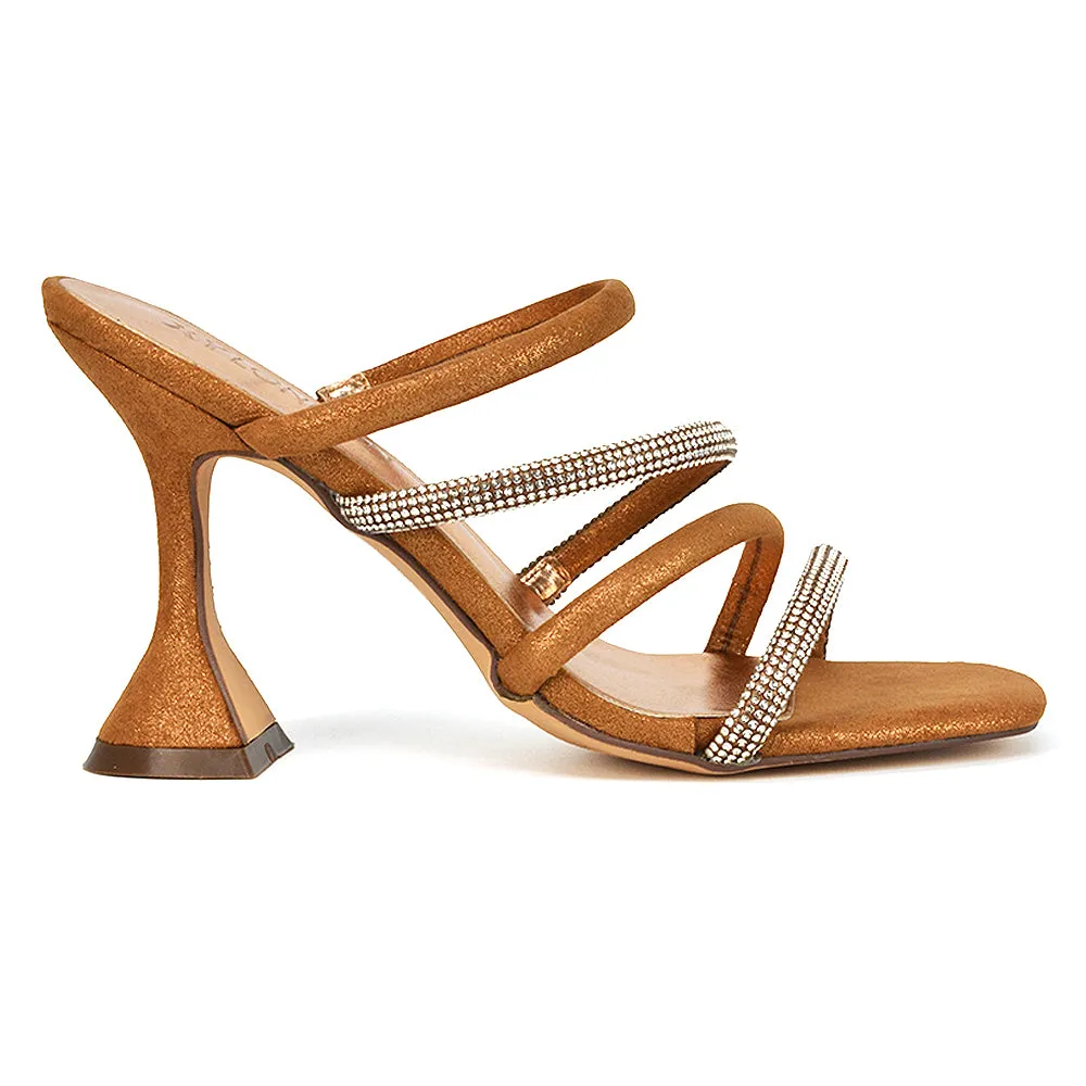 Posie Diamante Strappy Square Toe Sculptured High Heel Wedding Sandals in Rose Gold