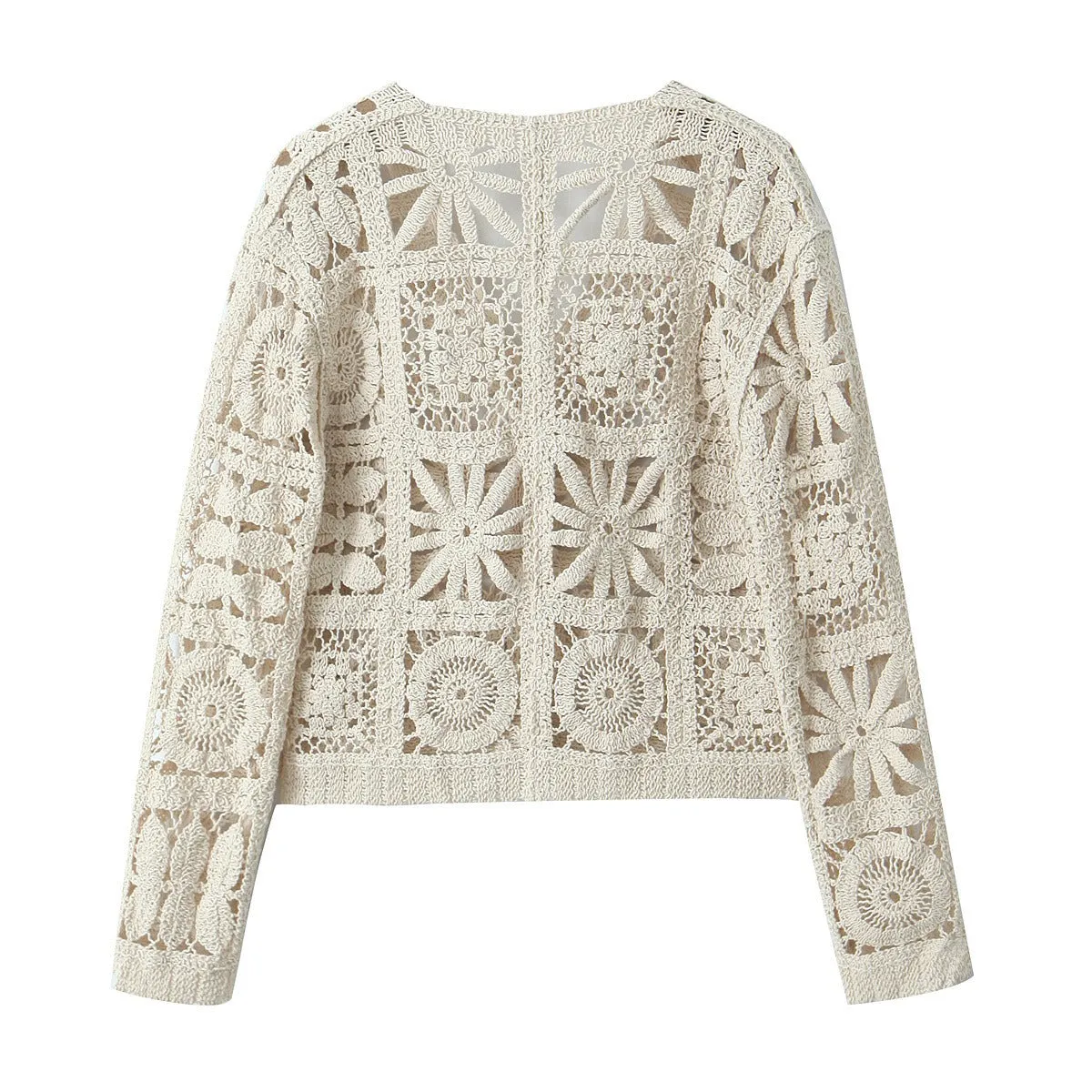 Pre Order:  Hollow Crochet Long Sleeve Knitted Cardigan   Crochet Pants