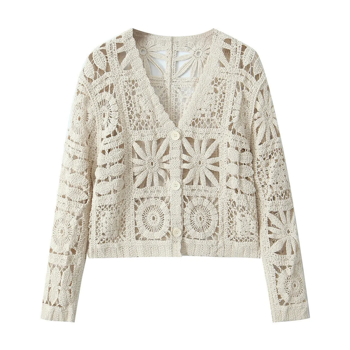 Pre Order:  Hollow Crochet Long Sleeve Knitted Cardigan   Crochet Pants