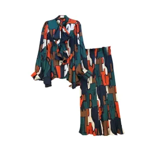 Pre Order:  Lantern Sleeves Butterfly Tie Belted Printed Blouse   Trousers Set