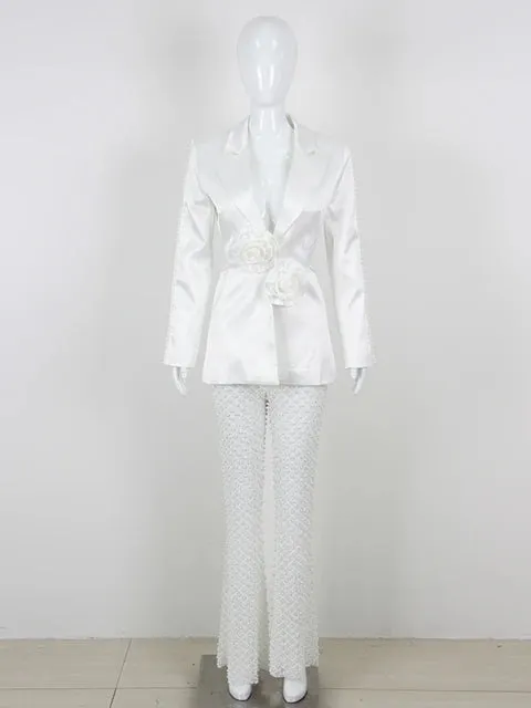 Pre Order:  White V-Neck Pearl Beaded Blazer   Pearl Beaded Flared Pants