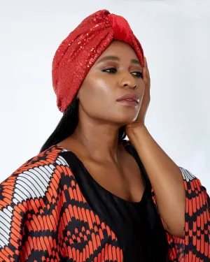 Premade Ready to Wear Red Sequin Velvet Turban Cap - Lola