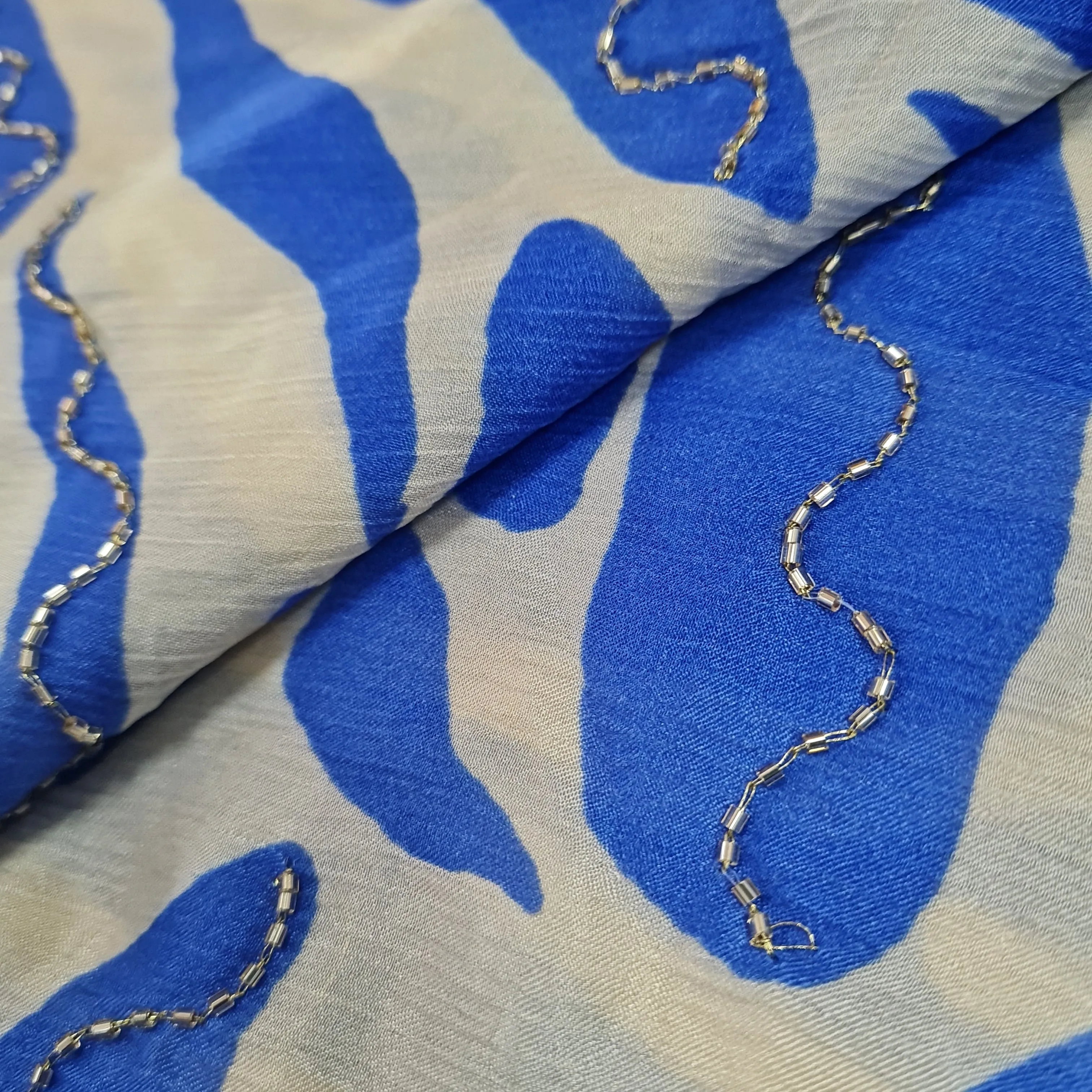 Premium Blue Abstract Cutdana Embroidery Satin Chiffon Fabric