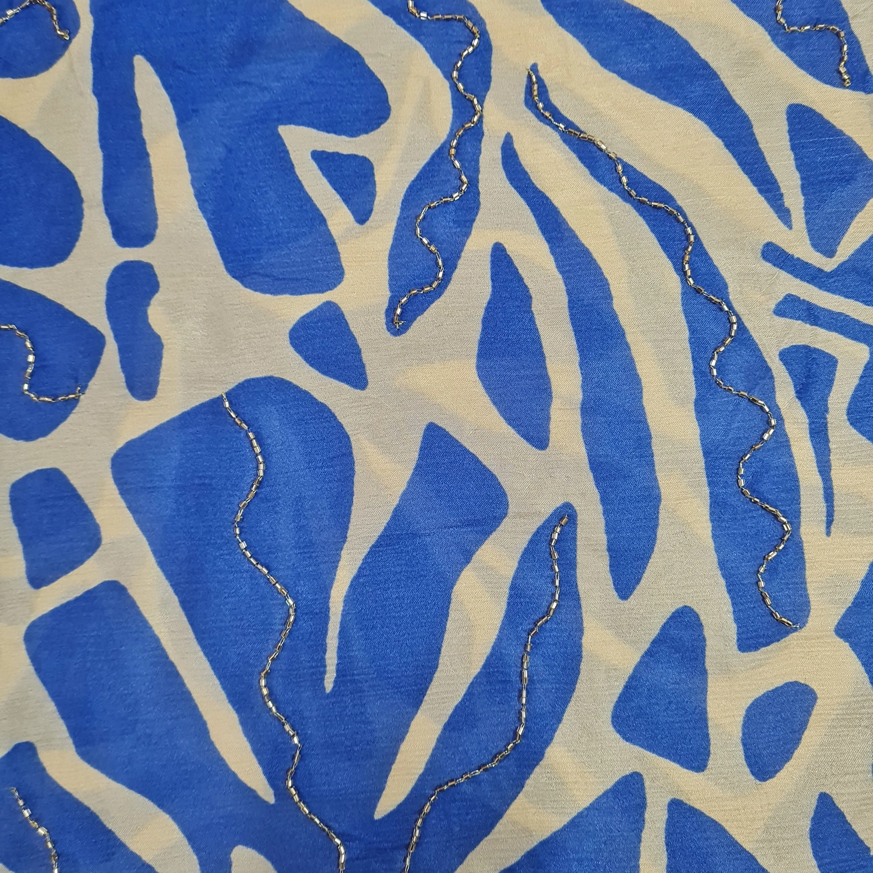 Premium Blue Abstract Cutdana Embroidery Satin Chiffon Fabric