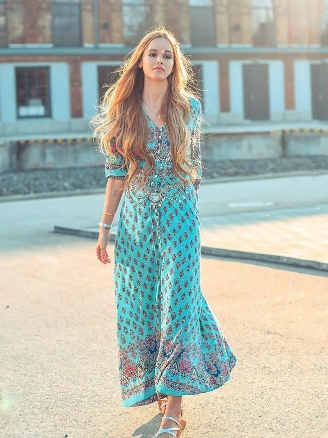 Pretty Bohemia Floral V Neck Half Sleeve Front Split Maxi Dress