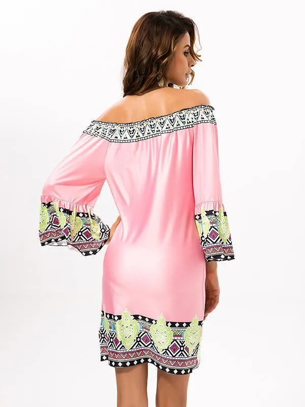 Pretty Floral Bohemia Off Shoulder Long Trumpet Sleeve Bodycon Mini Dress