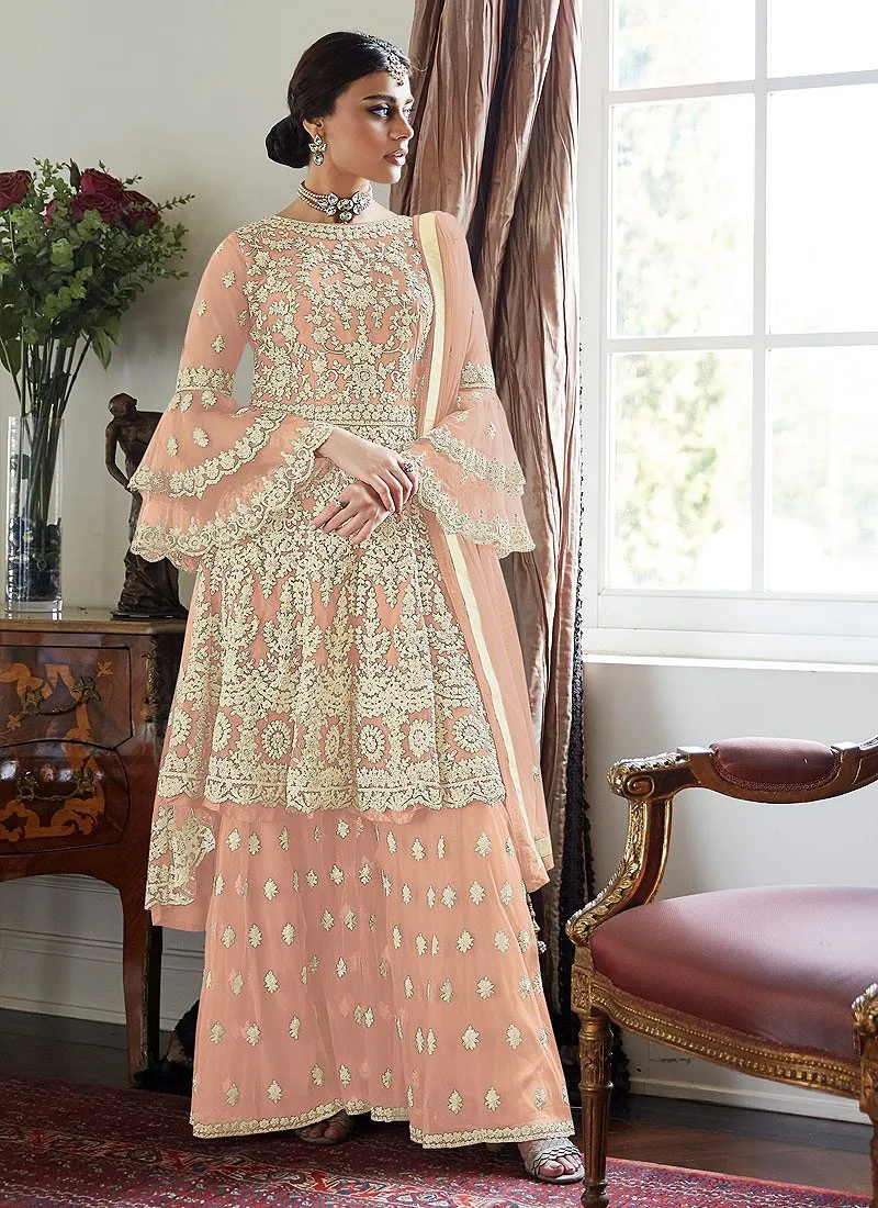 Pretty Peach Trendy Bell Sleeved Embroidered Sharara