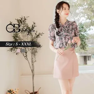 PRINTED CHIFFON SHORT SLEEVE PUFF SLEEVE TOPS