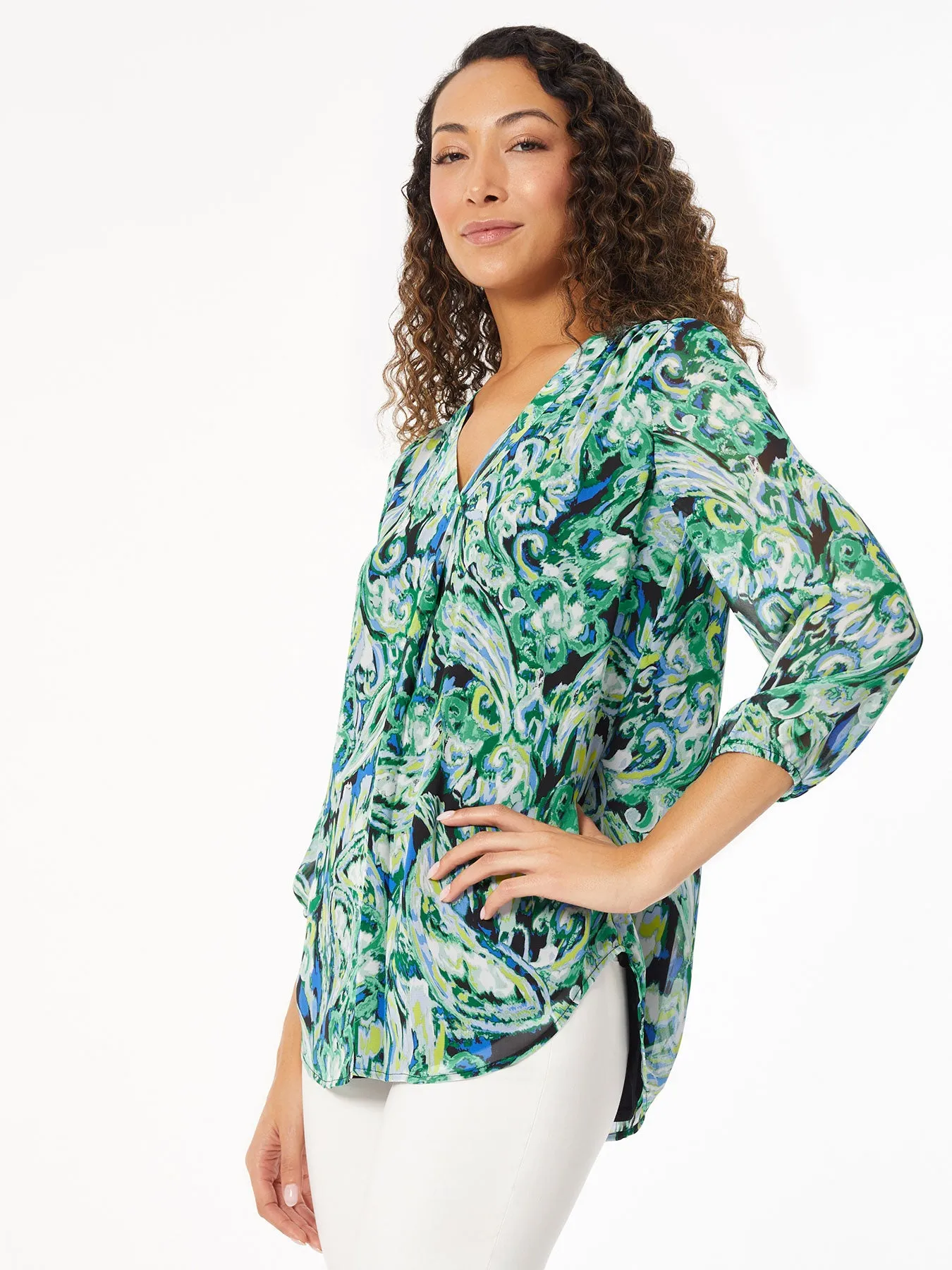 Printed V-Neck Pleated Kelly Blouse