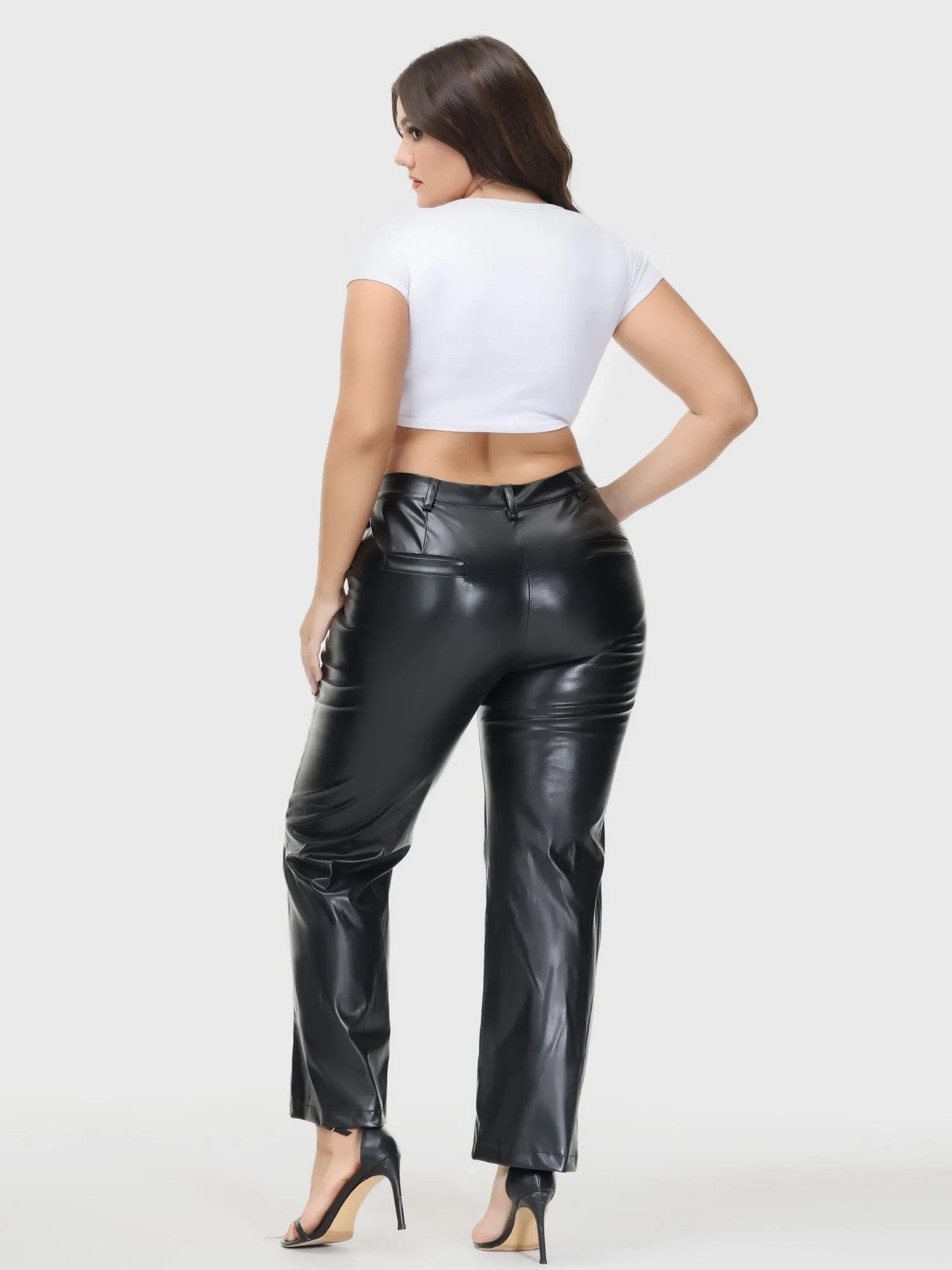 PU Leather Straight Leg Casual Pants with Pockets