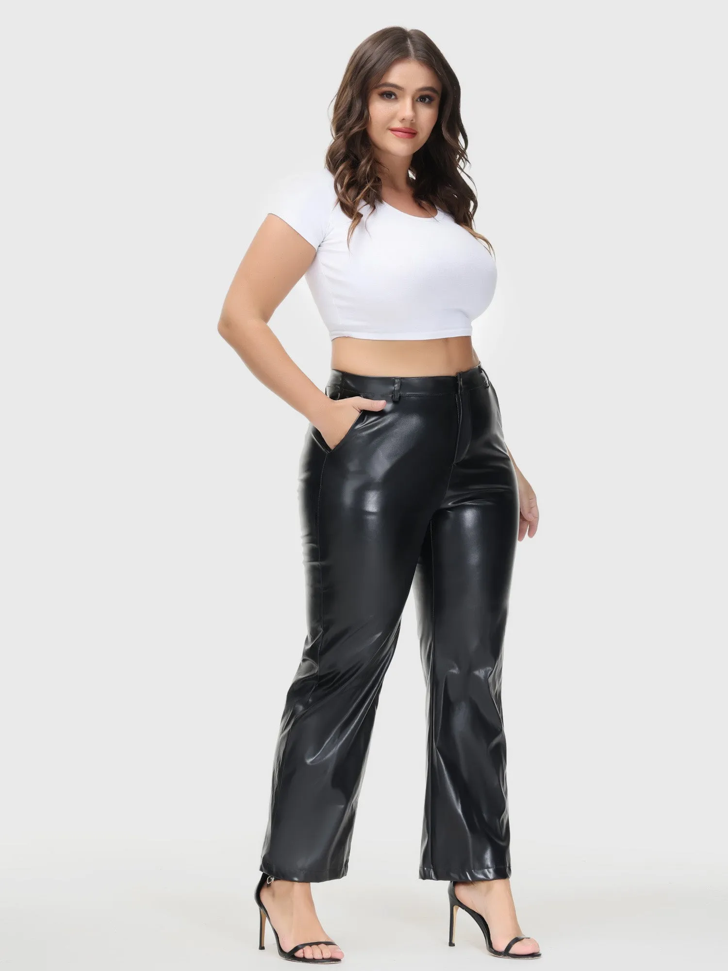PU Leather Straight Leg Casual Pants with Pockets