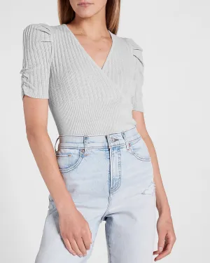 Puff Sleeve Wrap Front Sweater in Silver Heather Gray