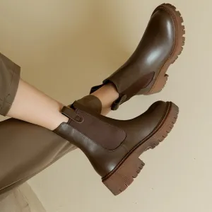 Purpdrank - Autumn Winter GENUINE LEATHER Chelsea Boots High Quality Women Boots Slip-On Platform Shoes Chunky Heel Ankle Boots Women Shoes