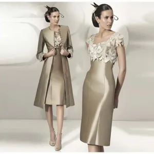 Purpdrank - Exquisite Bronze Short Sleeve Mother of the Bride Dresses With Jacket Wedding Party Gowns Knee Length Square Neckline Florals