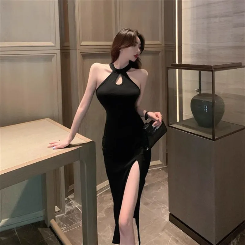 Purpdrank holiday dress Improved Cheongsam Dress French Sexy High Temperament Slimming Halter Dress Women's Summer Sleeveless over-the-Knee Skirt