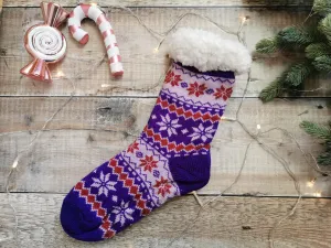 Purple Fairisle Fleece Lined Chunky Knit Slipper Socks
