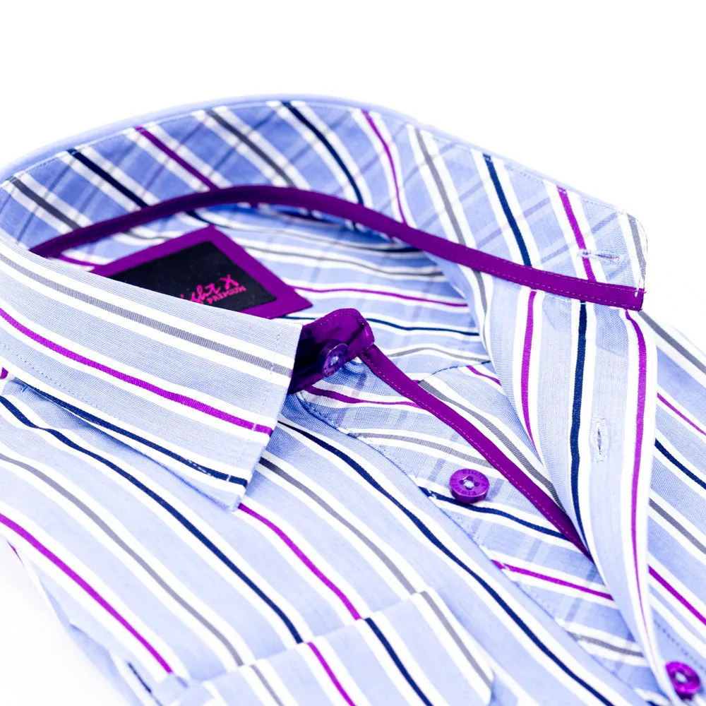 Purple Striped Button Down Shirt W/Plaid Trim