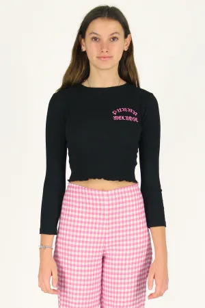 Purrr Melrose Ribbed Long Sleeve Shirt - Black with Pink Embroidered Logo