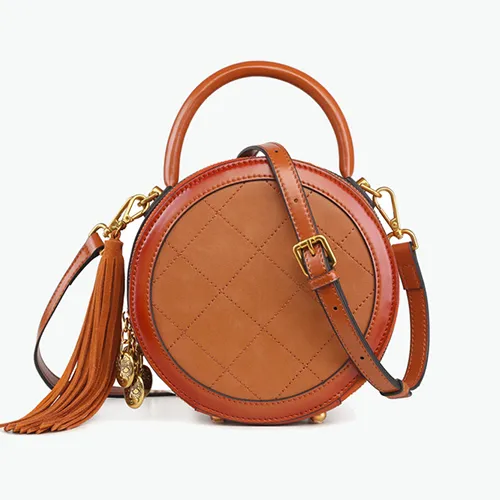 Quited Small Leather Round Bag Purse