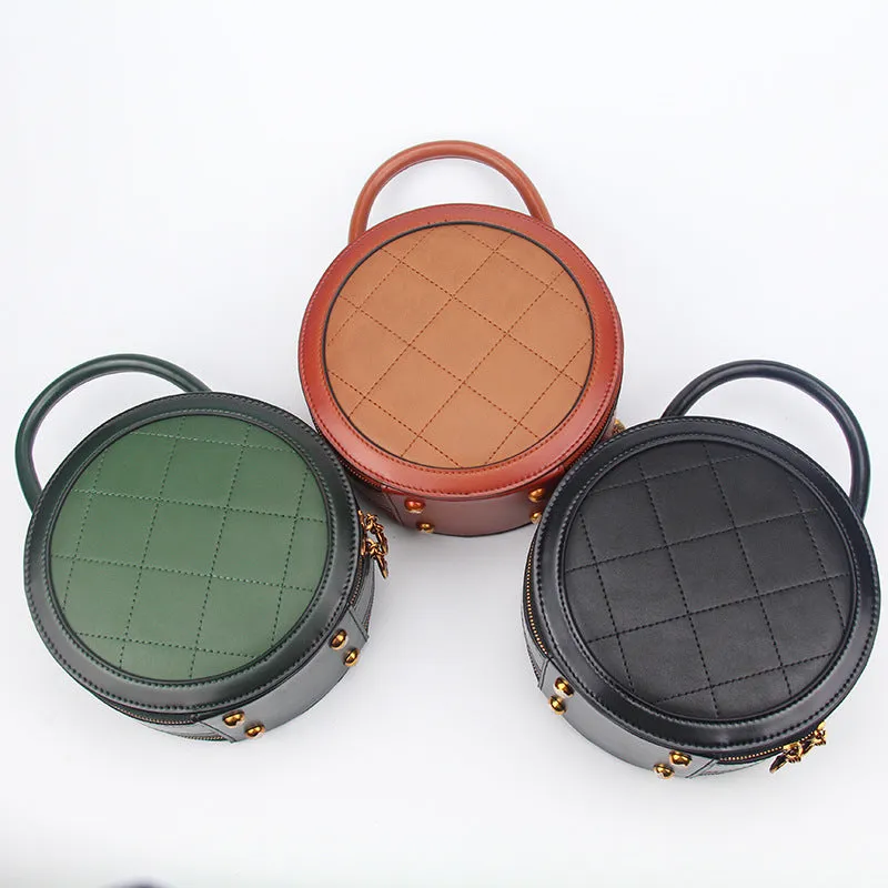 Quited Small Leather Round Bag Purse