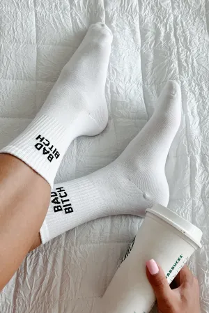 "Bad Bitch" Ribbed Crew Socks (White)