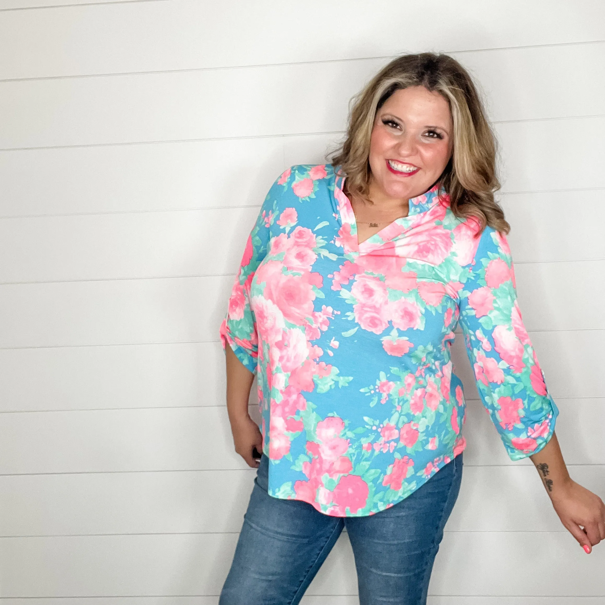 "Confusion" Floral Lizzy 3/4 Sleeve Split Neck Tops