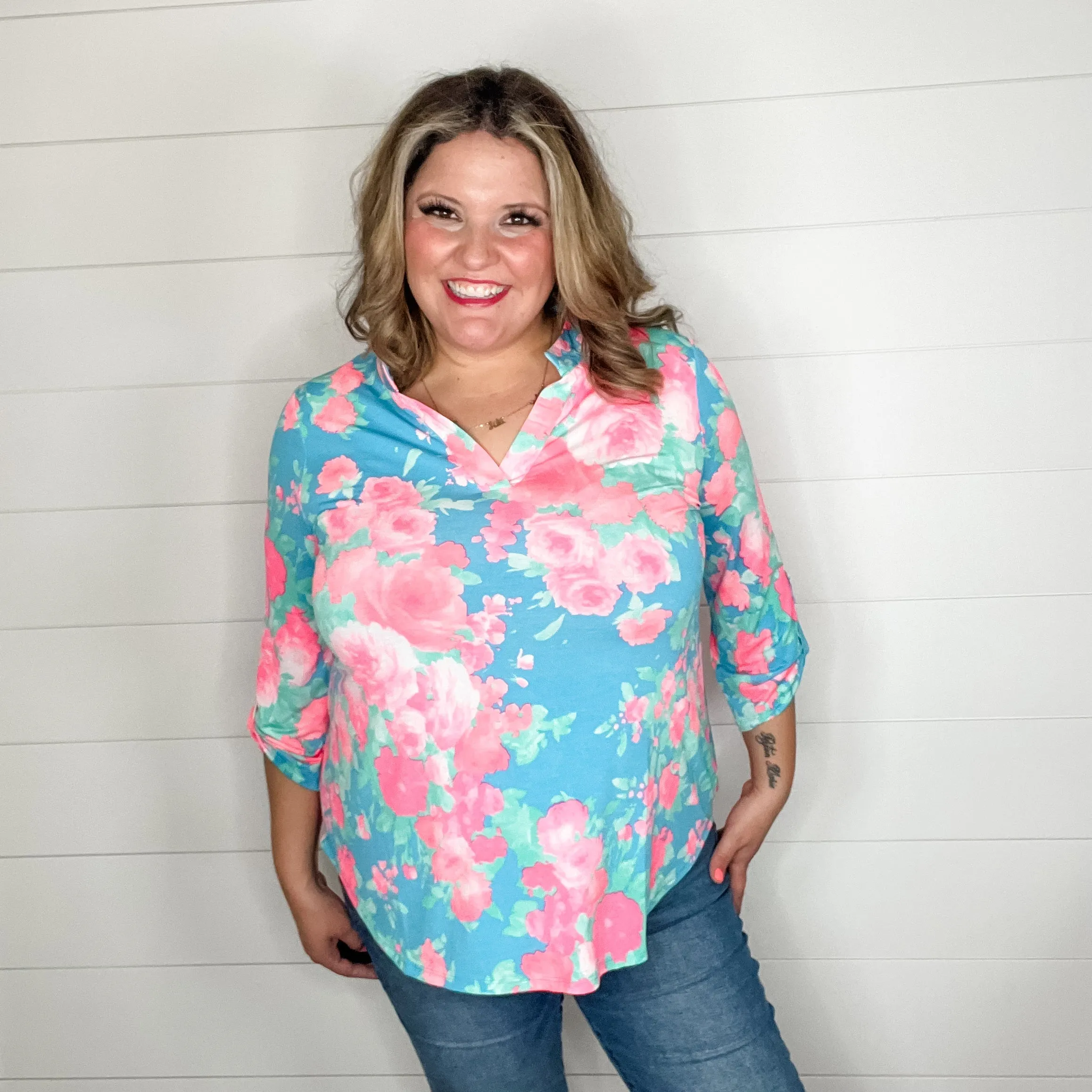 "Confusion" Floral Lizzy 3/4 Sleeve Split Neck Tops
