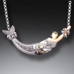 "Mermaid" Mammoth Tusk and Silver Mermaid Necklace with 14kt Gold Fill Accents