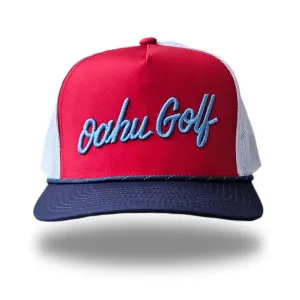 "OG Script Trucker" - Red/White/Blue Trucker Snapback - Lt. Blue OG Script