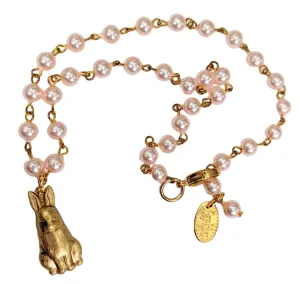 Rabbit Necklace Brass Pressing with Handlinked Pink Vintage Pearls Gay Isber USA Gift Bag