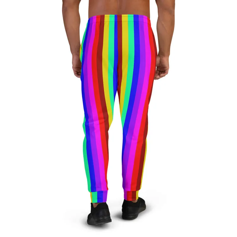Rainbow Stripe Men's Joggers, Gay Pride Colorful Casual Rave Festival Sweatpants-Made in EU