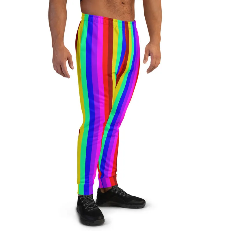 Rainbow Stripe Men's Joggers, Gay Pride Colorful Casual Rave Festival Sweatpants-Made in EU