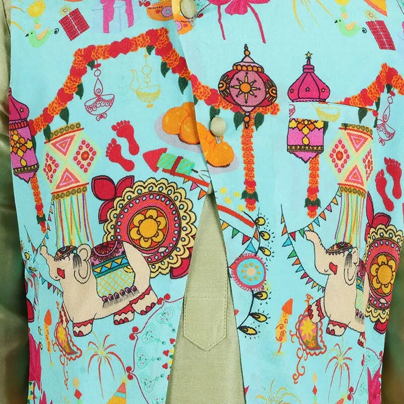 Rang Floral Bandi and Kurta Pyjama Set - Blue