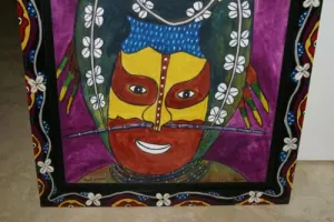 RARE UNIQUE AUTHENTIC COLORFUL FOLK ART PAINTING HILU TRIBE WARRIOR FROM PAPUA NEW GUINEA ARTIST FRAMED IN SIGNED HAND PAINTED FRAME TO MATCH THE ART WITHIN 31” by 27” DFP12 DESIGNER COLLECTOR WALL ART