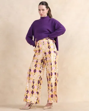 Rareism Women Bari Light Multi Cotton Fabric Zipper Closure Wide Fit Ankle Length Geometric Print Trouser