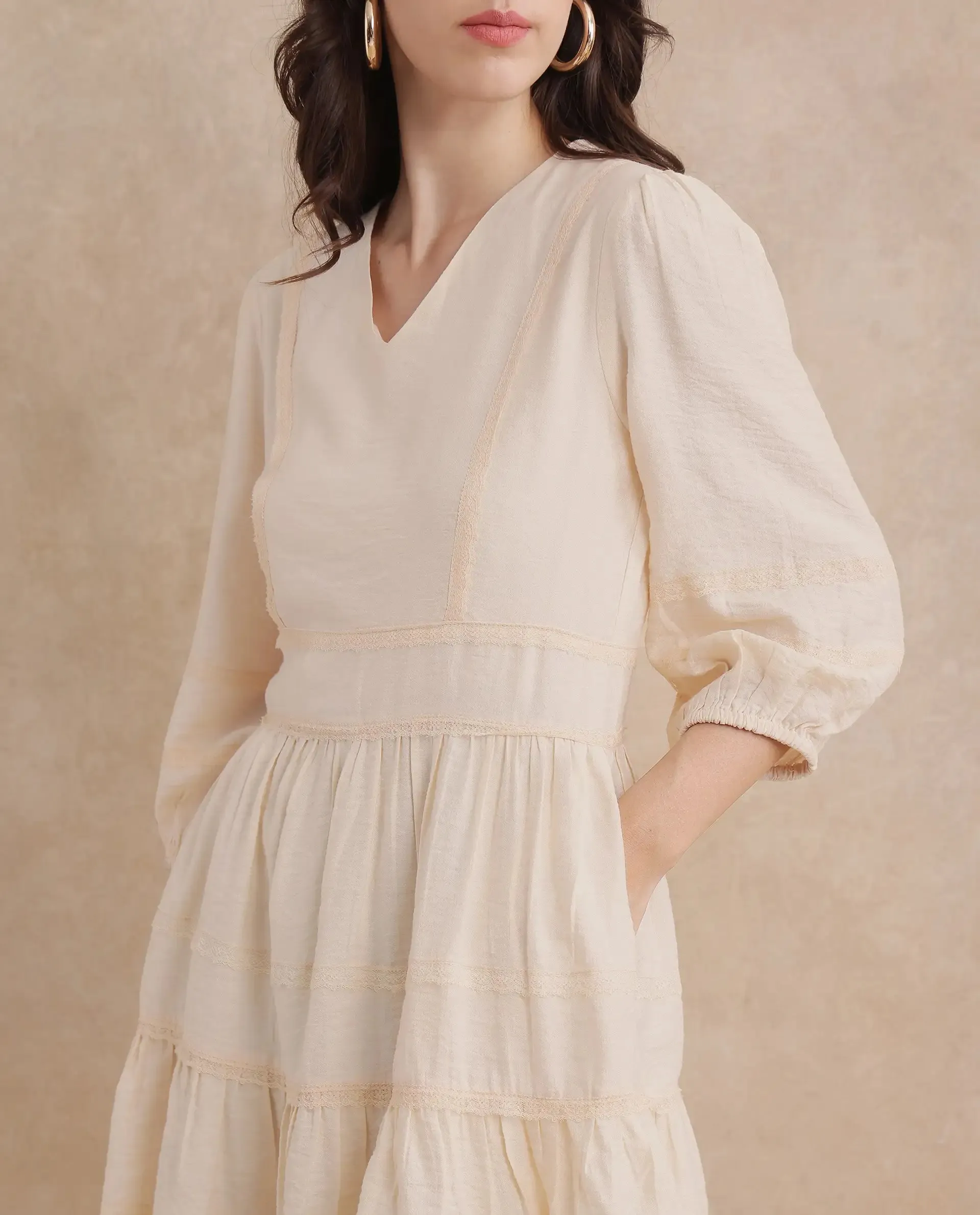 Rareism Women Dinklage Beige Bishop Sleeves V-Neck Zipper Closure Fit And Flare Mini Plain Dress