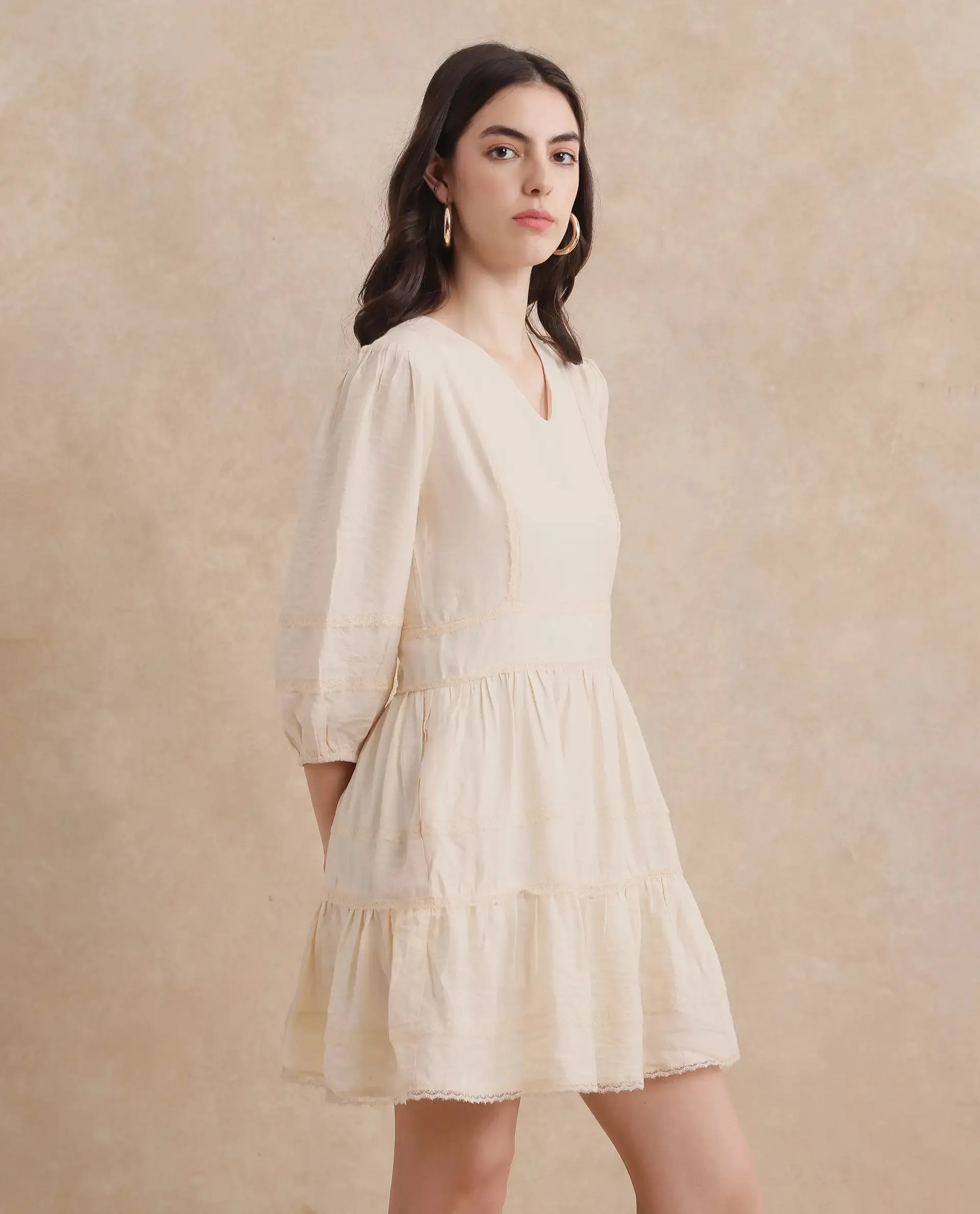 Rareism Women Dinklage Beige Bishop Sleeves V-Neck Zipper Closure Fit And Flare Mini Plain Dress