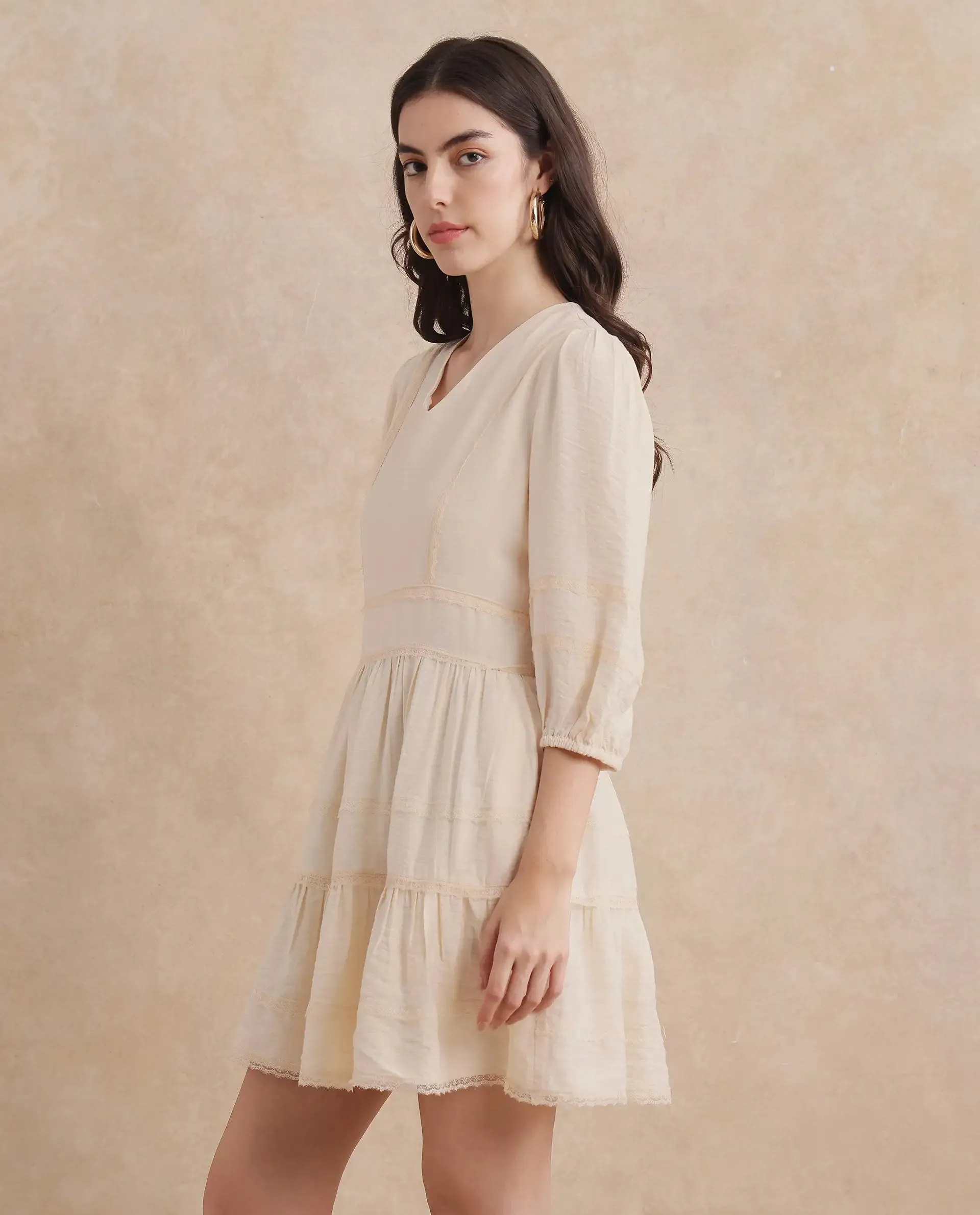 Rareism Women Dinklage Beige Bishop Sleeves V-Neck Zipper Closure Fit And Flare Mini Plain Dress