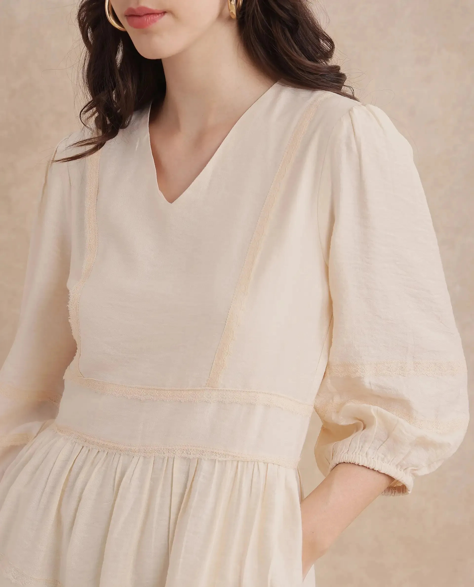 Rareism Women Dinklage Beige Bishop Sleeves V-Neck Zipper Closure Fit And Flare Mini Plain Dress