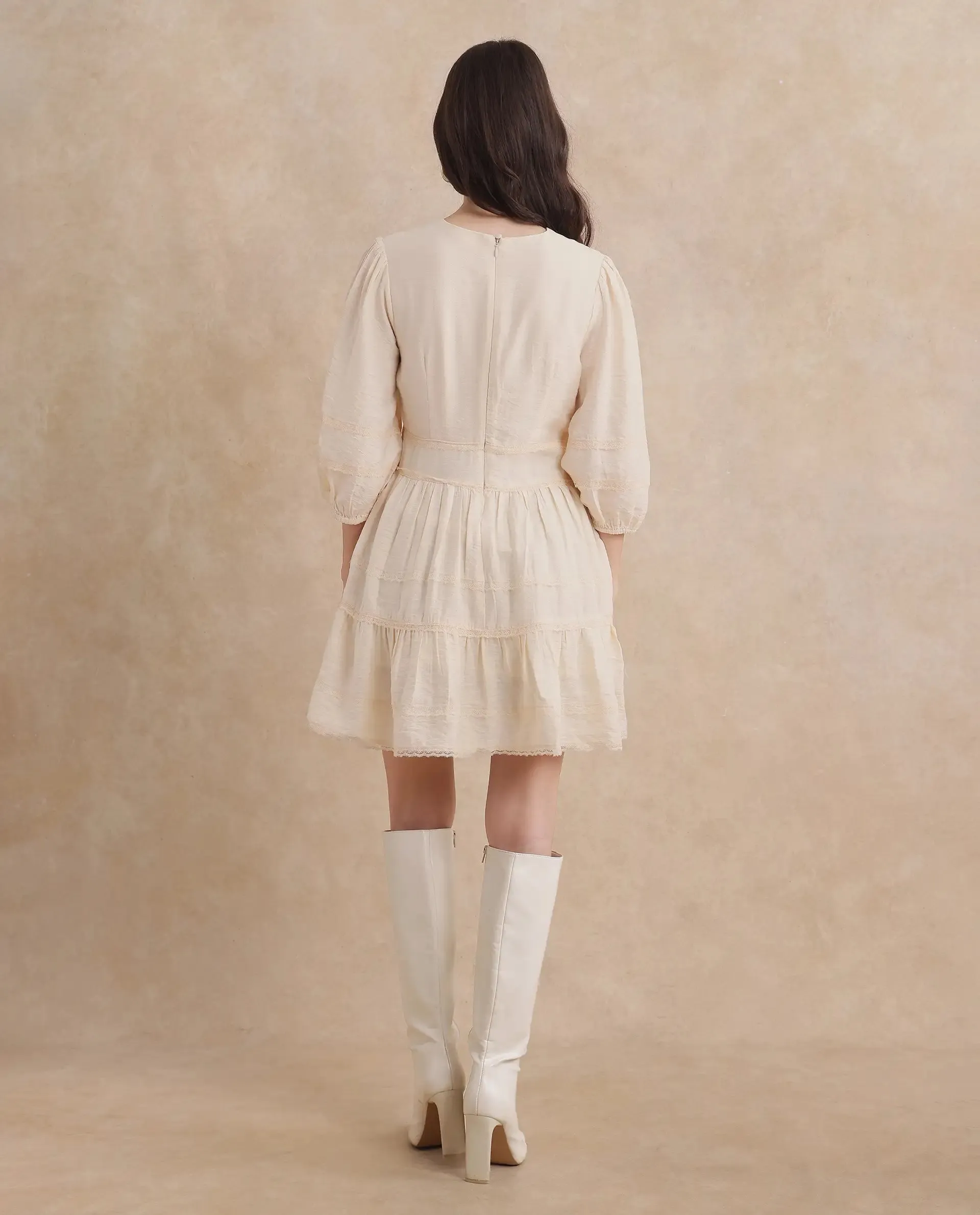 Rareism Women Dinklage Beige Bishop Sleeves V-Neck Zipper Closure Fit And Flare Mini Plain Dress