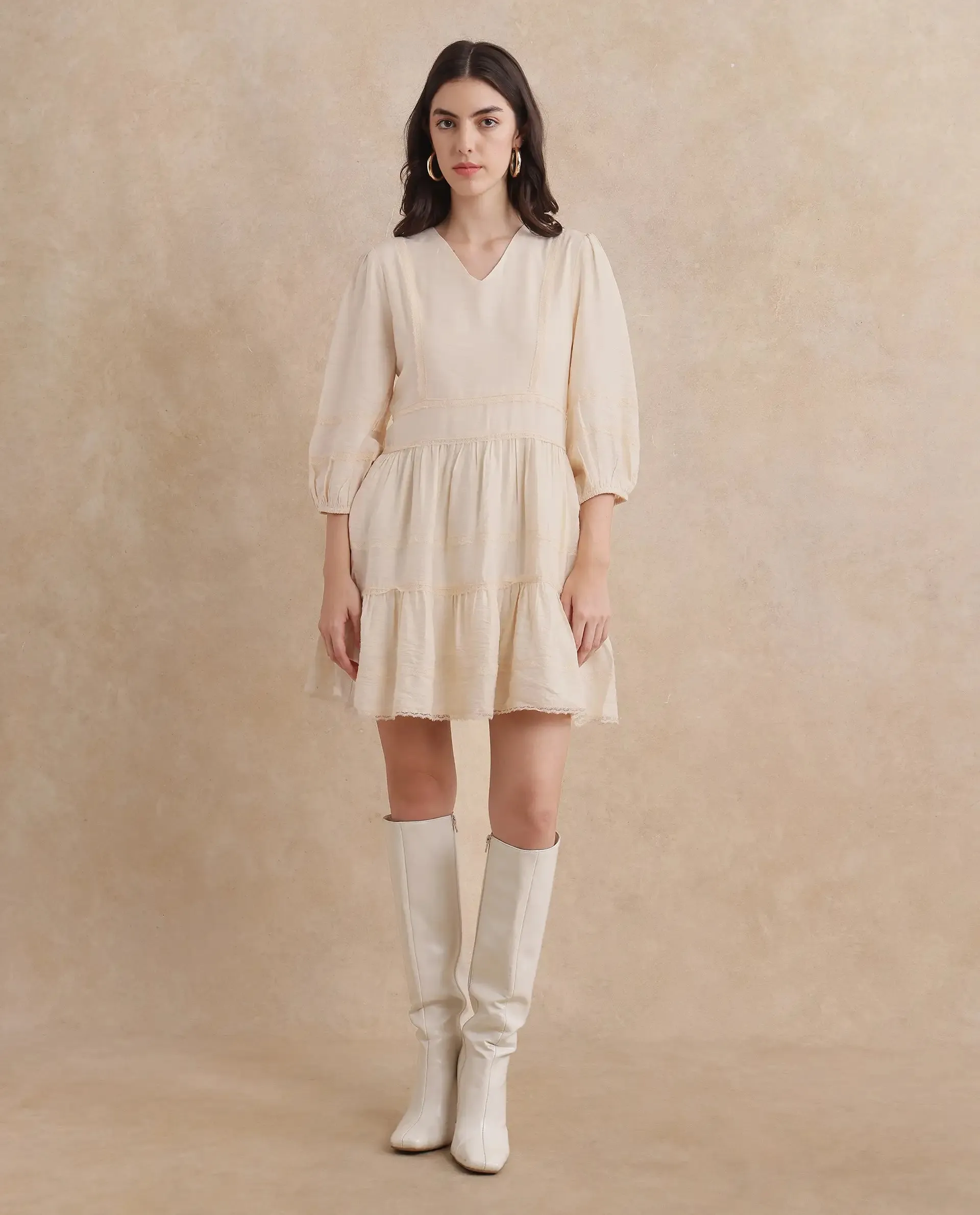 Rareism Women Dinklage Beige Bishop Sleeves V-Neck Zipper Closure Fit And Flare Mini Plain Dress