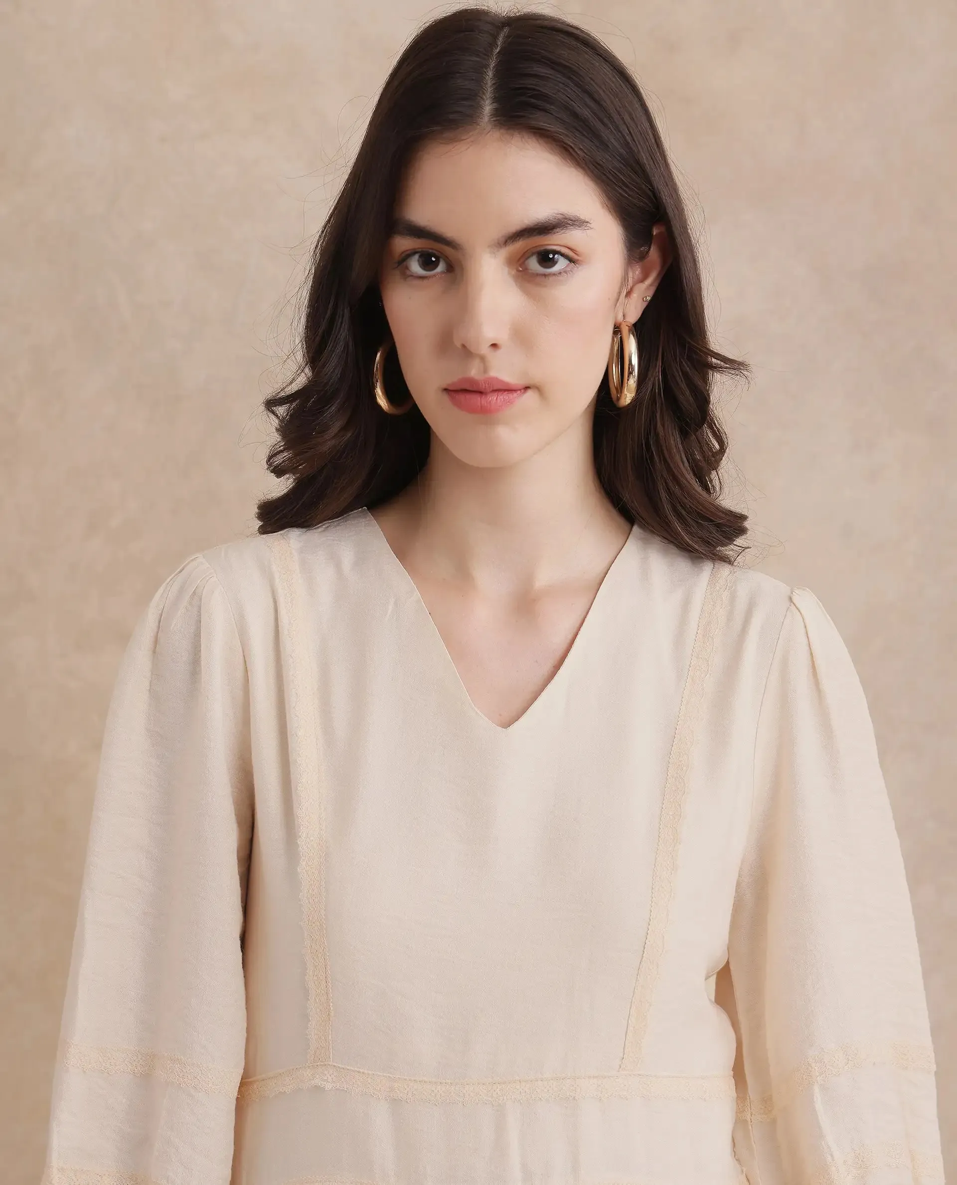 Rareism Women Dinklage Beige Bishop Sleeves V-Neck Zipper Closure Fit And Flare Mini Plain Dress