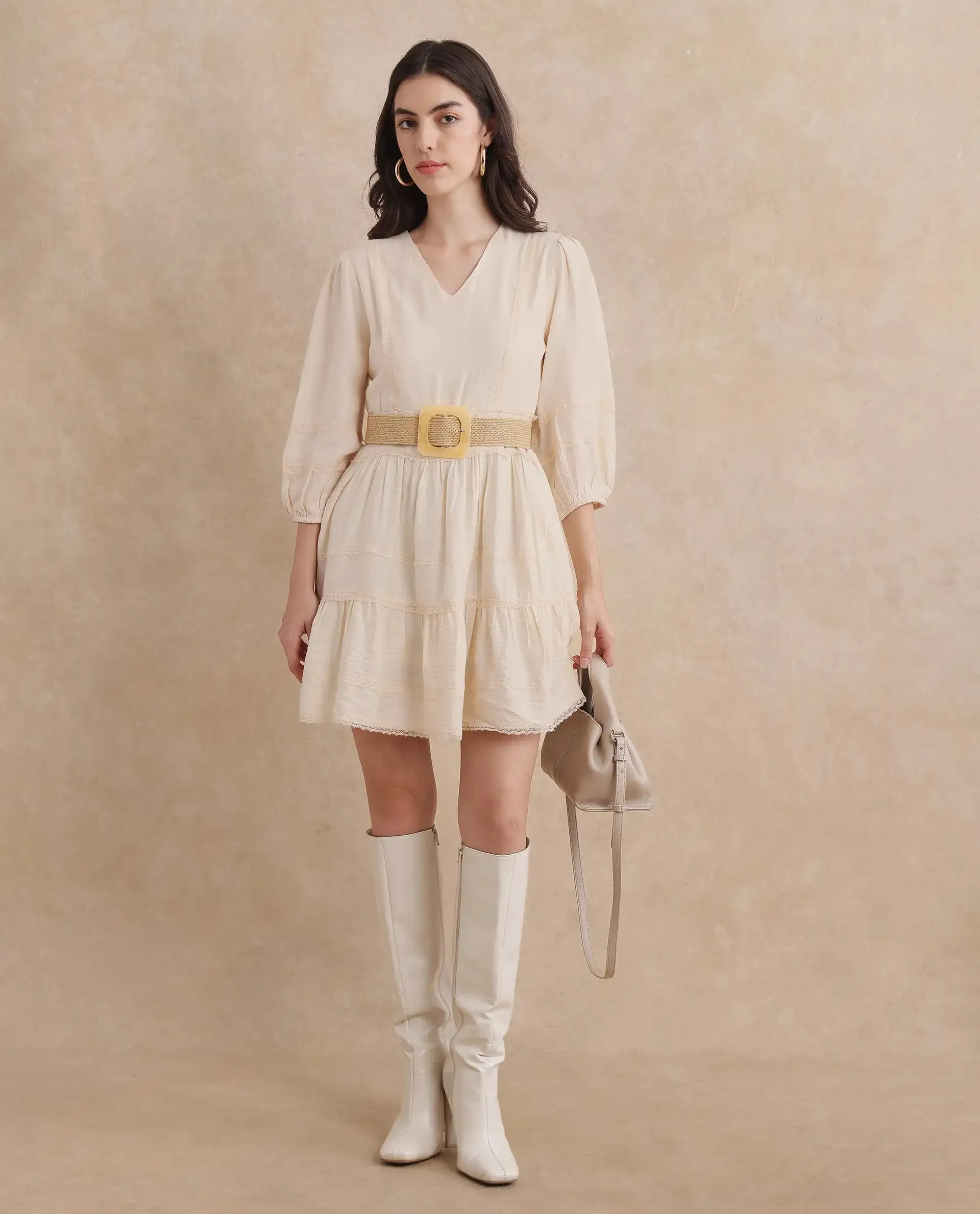 Rareism Women Dinklage Beige Bishop Sleeves V-Neck Zipper Closure Fit And Flare Mini Plain Dress