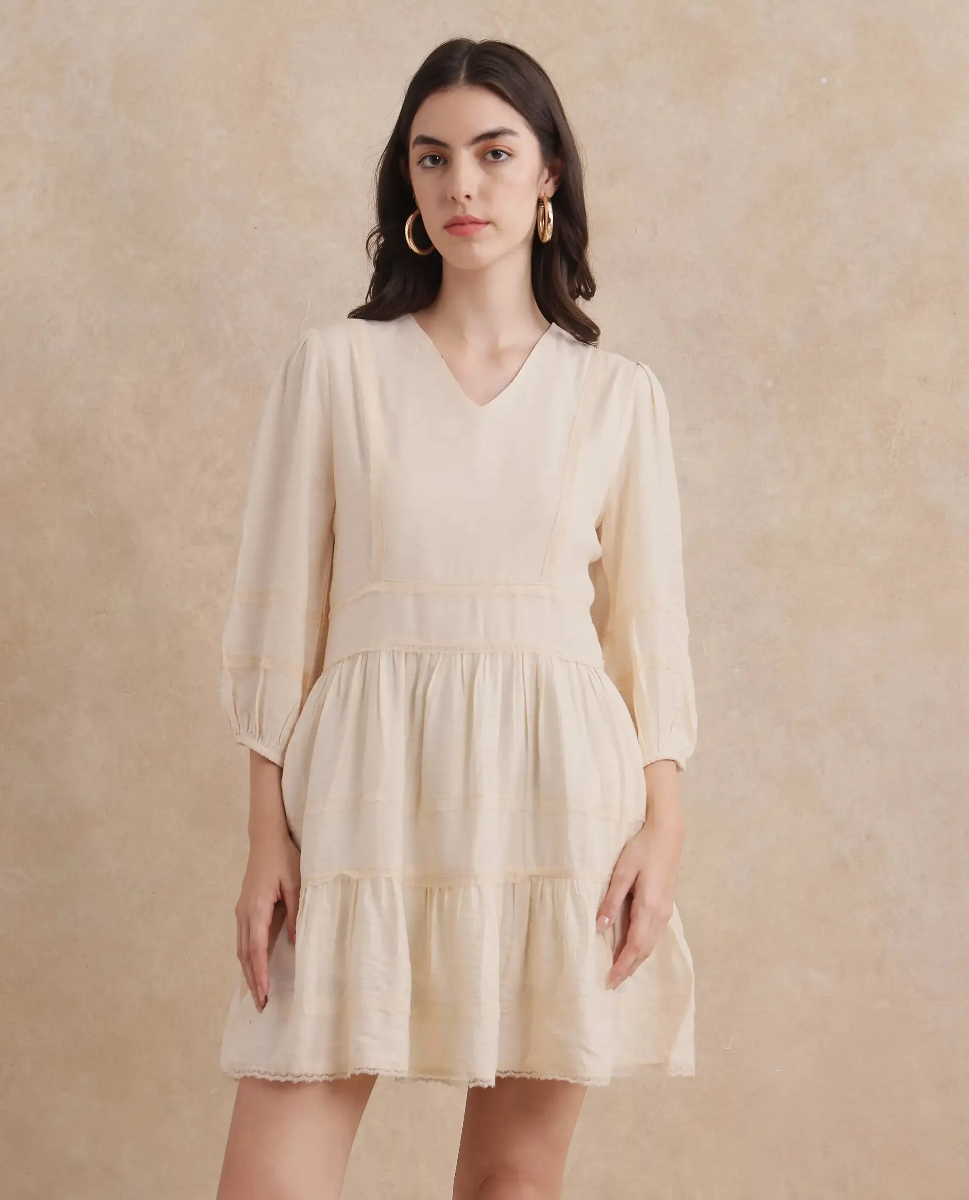 Rareism Women Dinklage Beige Bishop Sleeves V-Neck Zipper Closure Fit And Flare Mini Plain Dress