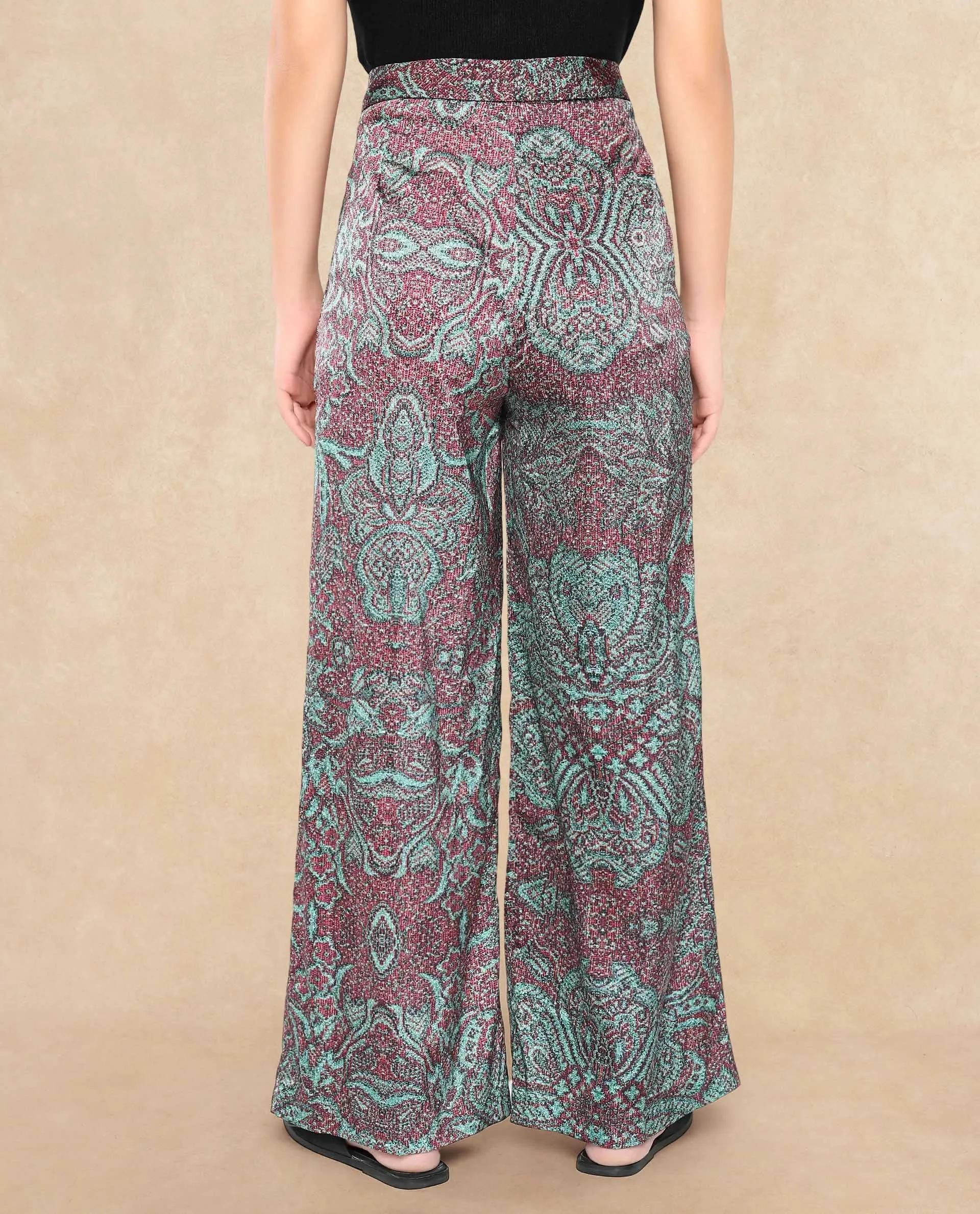 Rareism Women Edina Multi Satin Hook Closure Wide Fit Ankle Length Printed Trouser