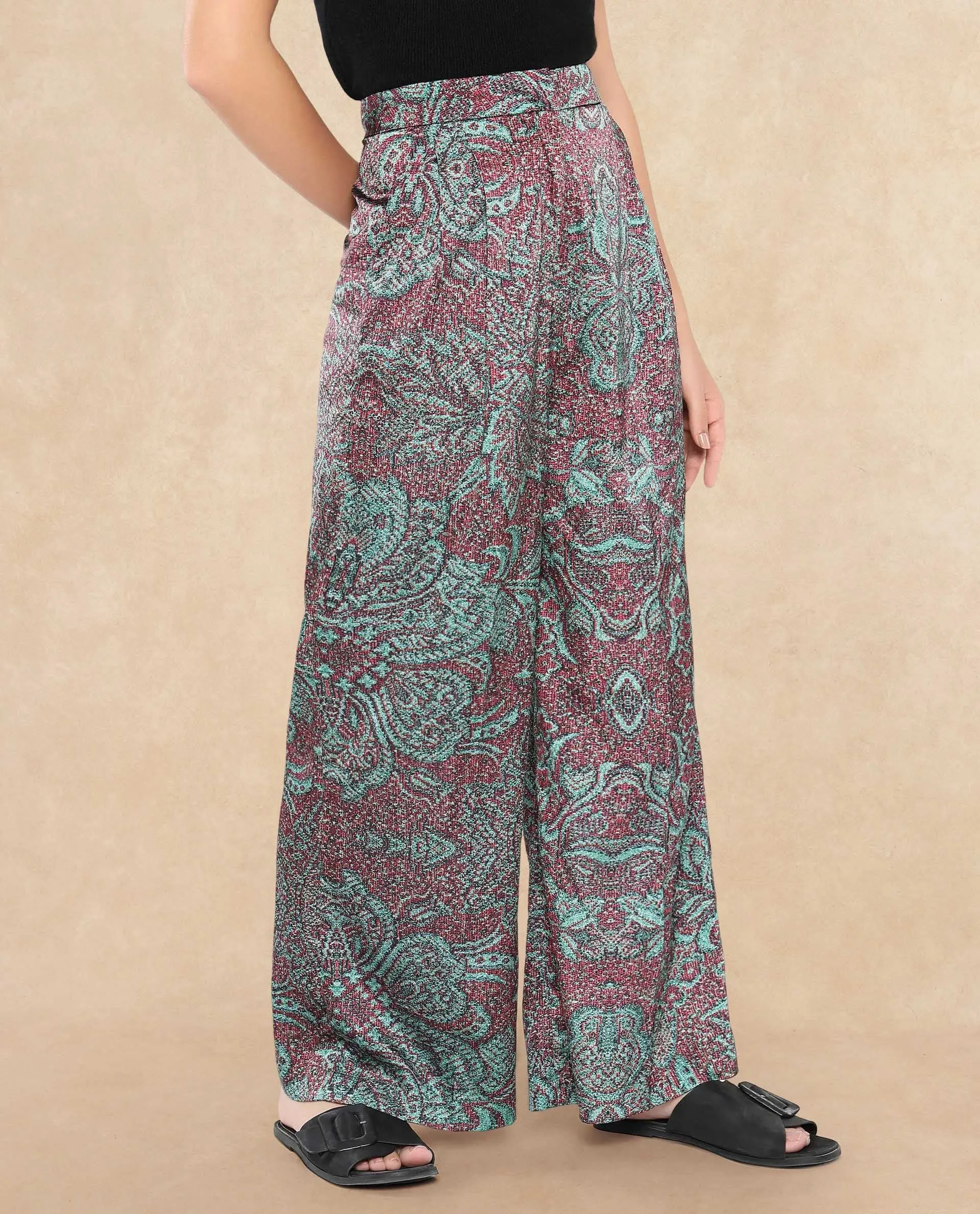Rareism Women Edina Multi Satin Hook Closure Wide Fit Ankle Length Printed Trouser