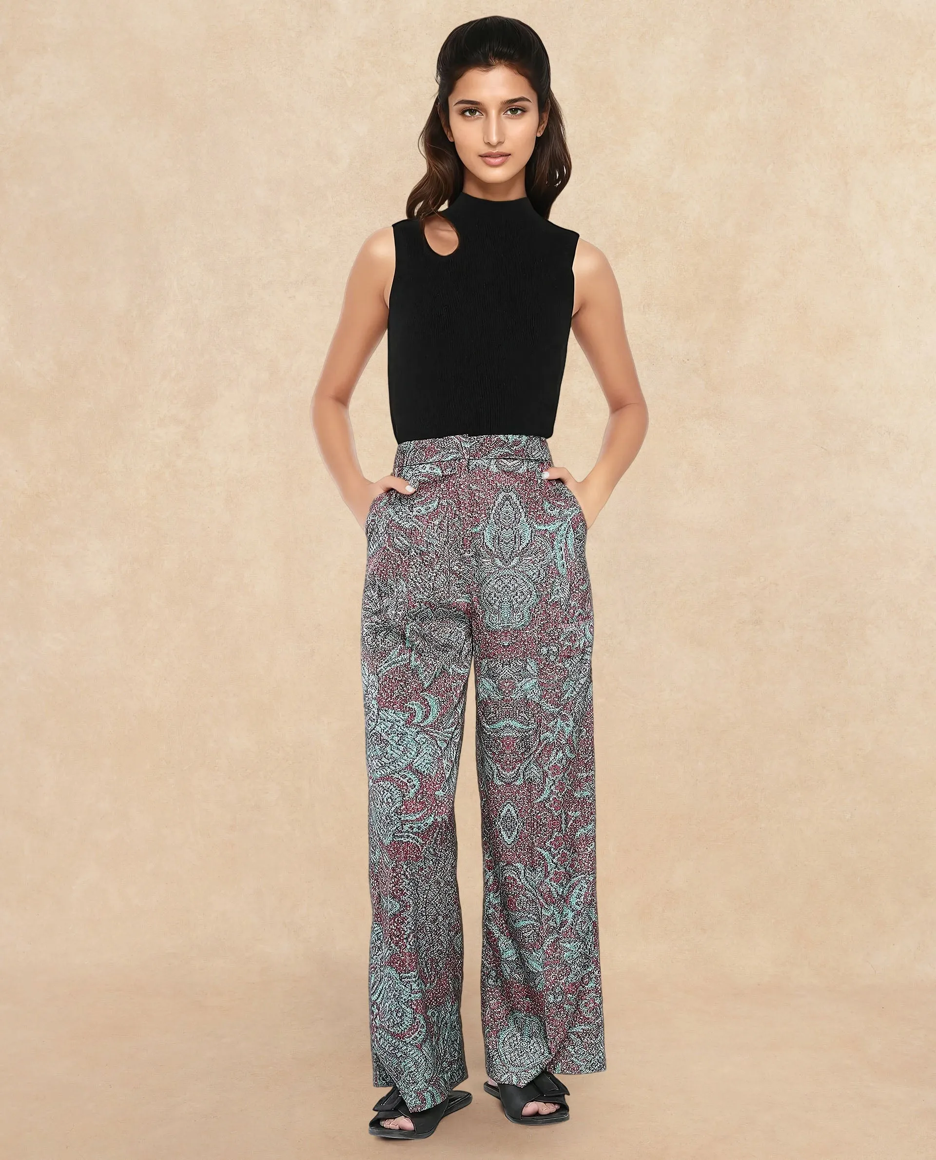 Rareism Women Edina Multi Satin Hook Closure Wide Fit Ankle Length Printed Trouser