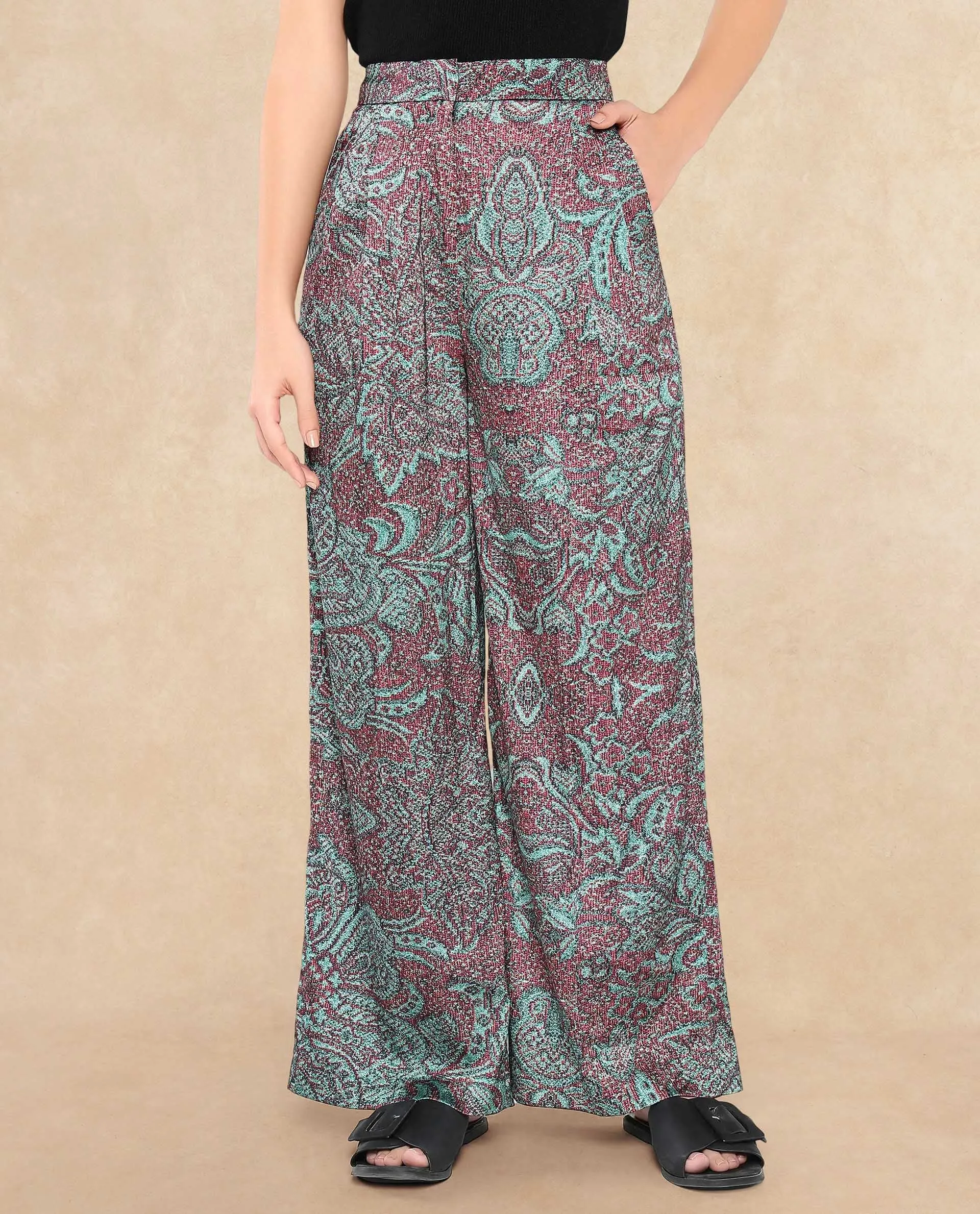 Rareism Women Edina Multi Satin Hook Closure Wide Fit Ankle Length Printed Trouser