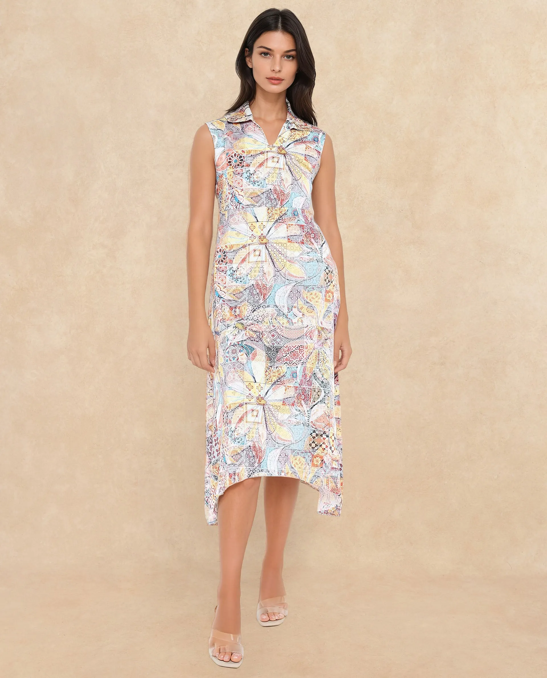 Rareism Women Elsal Light Multi Cotton Blend Fabric Sleeveless Collared Neck Asymmetric Midi Floral Print Dress